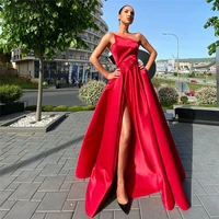 satin red prom dress long with pockets high slit zipper a line simple evening party dress formal gowns robe de soiree femme 2022