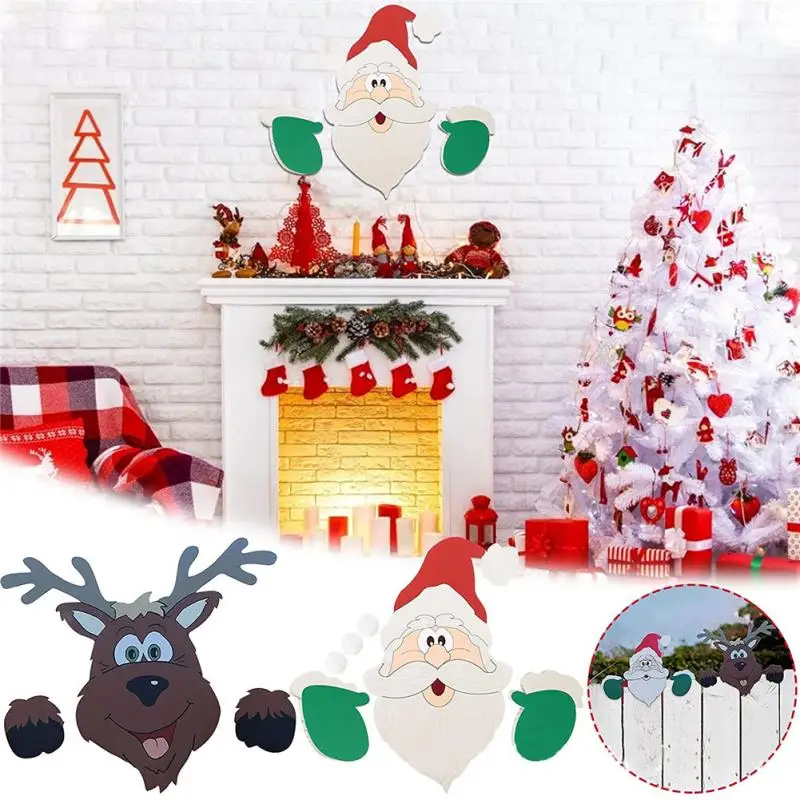 

Christmas Fence Decoration Plastic Board Santa Claus Reindeer Garden Christmas Decoration Theme Fence Peeping Garden Insert New
