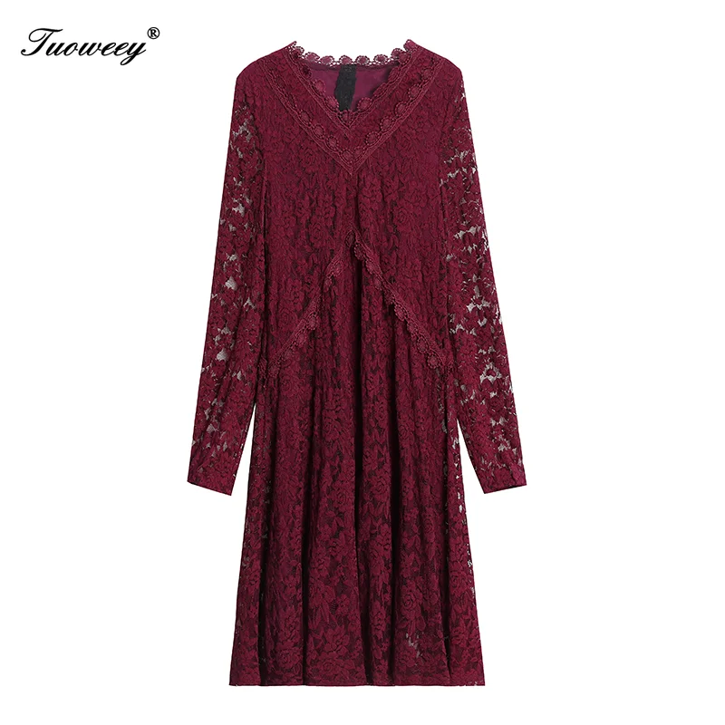 

Spring Autumn V neck plus size Yellow Lace Dresses Elegant long Sleeve Knee Length Work Wear Office Dress Plus Size