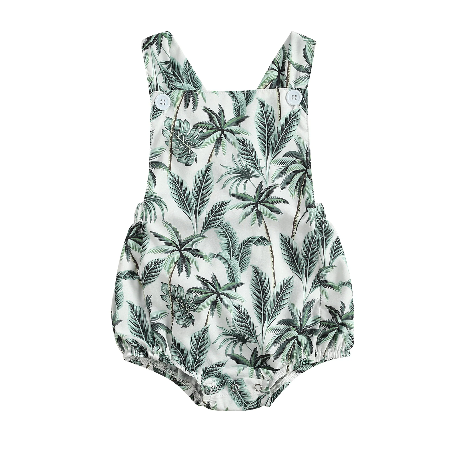 

Baby Summer Clothing Boys Clothes Lace-up Romper Sleeveless Square Neck Trees Leaf Rainbow Print Jumpsuit