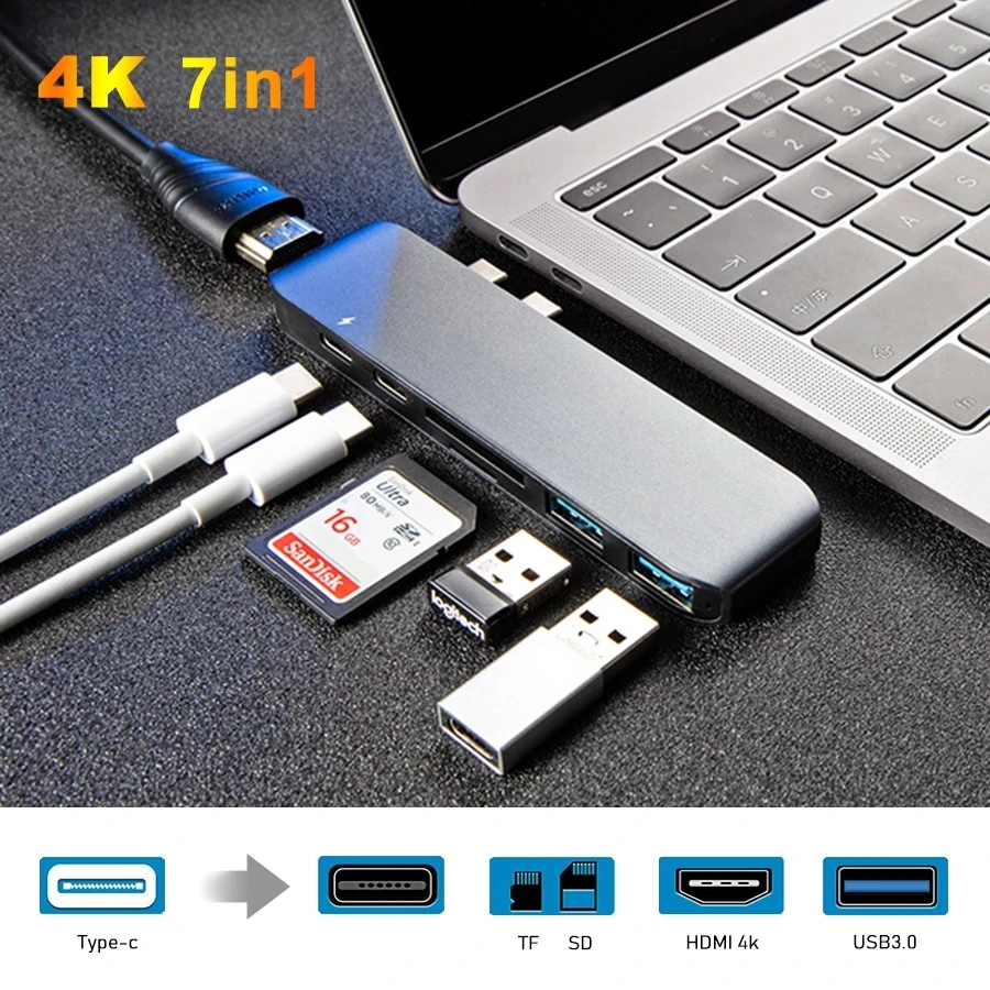 

7 in 1 Dual Type-C Port USB C Hub To HDMI Multiport Adapter 4K Thunderbolt 3 With TF SD Slot PD for MacBook Pro 2018 USB Hub 3.0