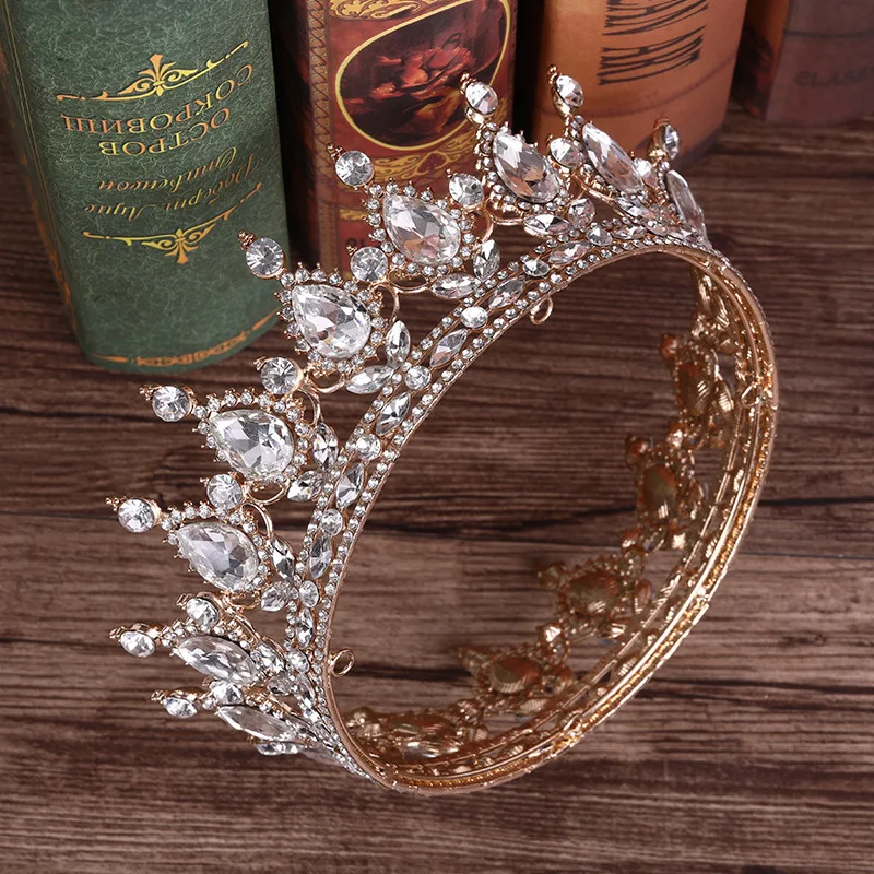 Luxury Round Queen Crowns Shinny Crystal Gold Bridal Tiara With Burgundy Rhinestones New Princess Marrige Accessory SQ0295 - Цвет: Clear rhinestone