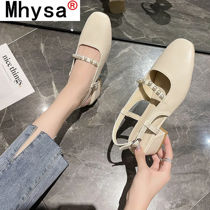 

Block Heels Women Sandal Comfort Shoes for Women Mary Jane 2021 Summer All-Match Med Chunky Girls Closed Pearl Studded Shoes