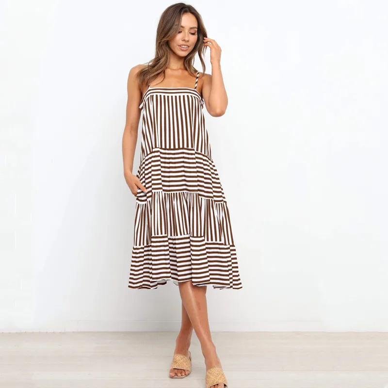 

2021 Striped Print Summer Dress Casual Pocket Ruffles Knee Length Loose Party Holiday Beach Dresses For Women Vestido De Mujer