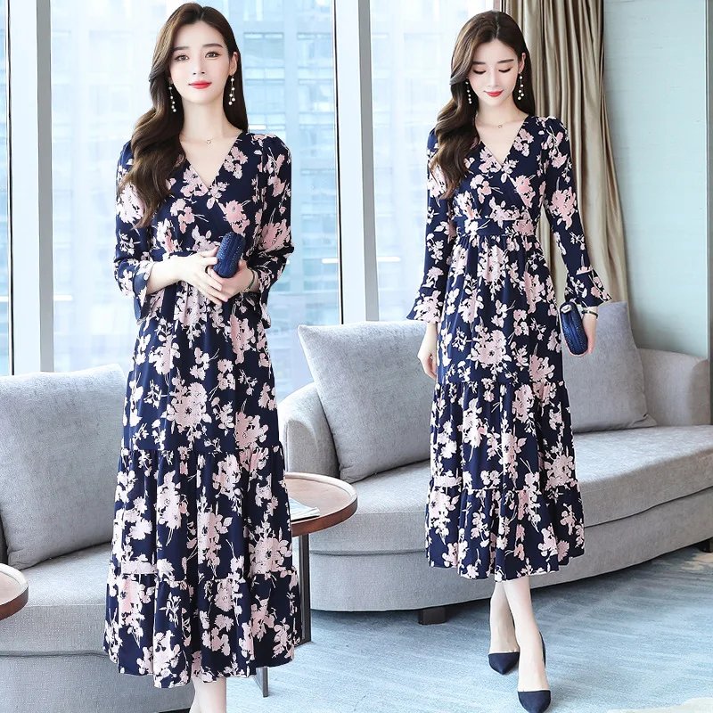 

New Autumn Women's Dress Knee Length Floral Chiffon V-Neck Long Sleeve Sweet Dress