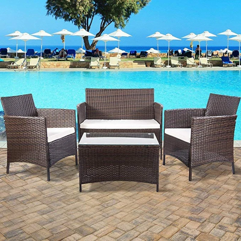 Set 4 Piece Rattan Sofa Seating Group With Cushions For Gard
