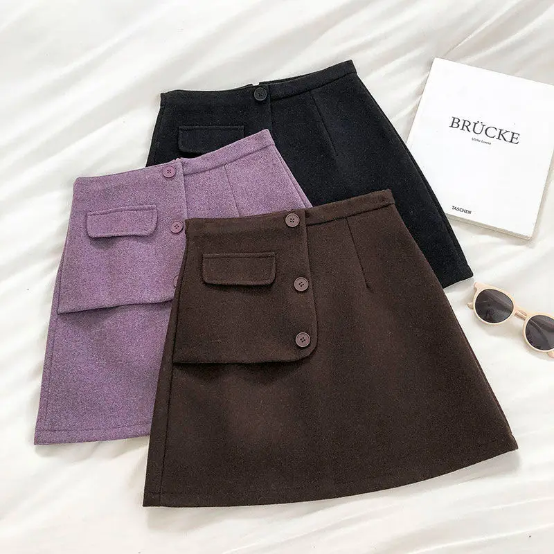 

Women Skirts Spring Autumn A-line Solid High Waist Patch Designs Button Elegant Lady Korean Style Gentle Chic Leisure All-match