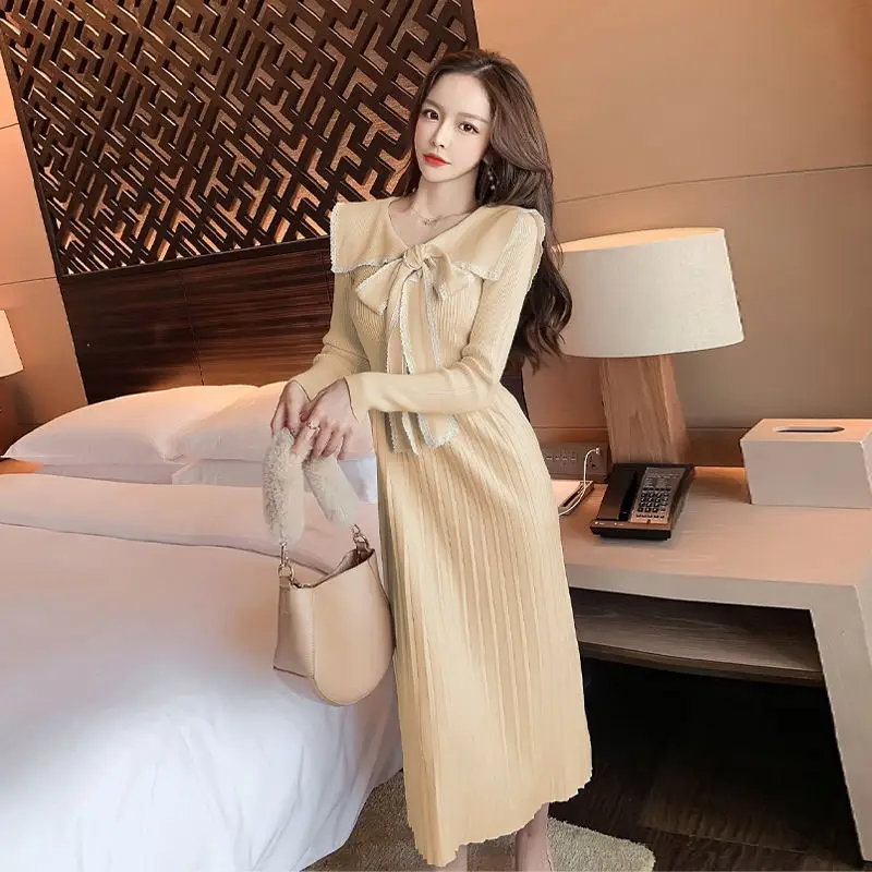 

Elegant Korean Winter Office Vestidos Women Sexy Slim Knitted Dress Bow Long Sleeve Sheath Dress Female Long Sweater Dresses