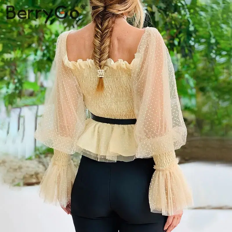 BerryGo Сетчатое платье-фонарь рукав узор в горошек блузка для женщин шифон пэчворк
