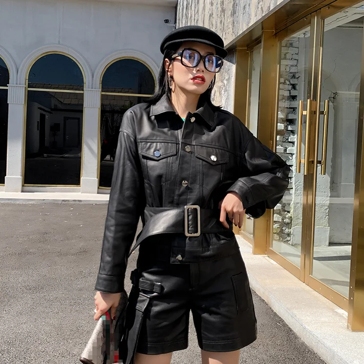 

High street girl style loose fit with short belt jacket outwear jacket ladies loose fitting 100% lambskin real leather jacket