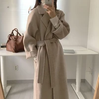women elegant long wool coat with belt solid color long sleeve chic outerwear ladies overcoat autumn winter 2020