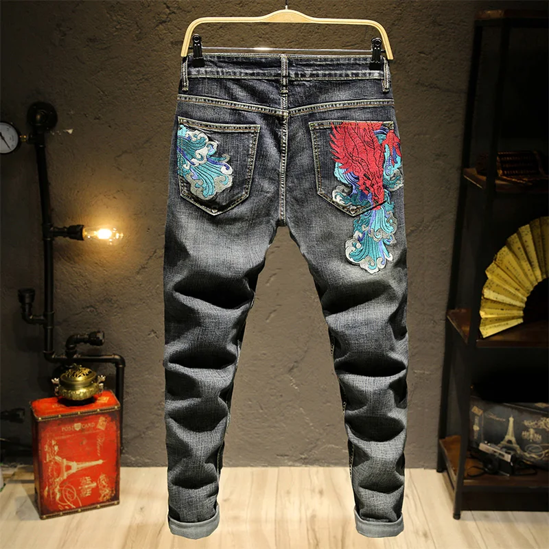 Мужские прямые джинсы в стиле хип-хоп с вышивкой дракона черные японский