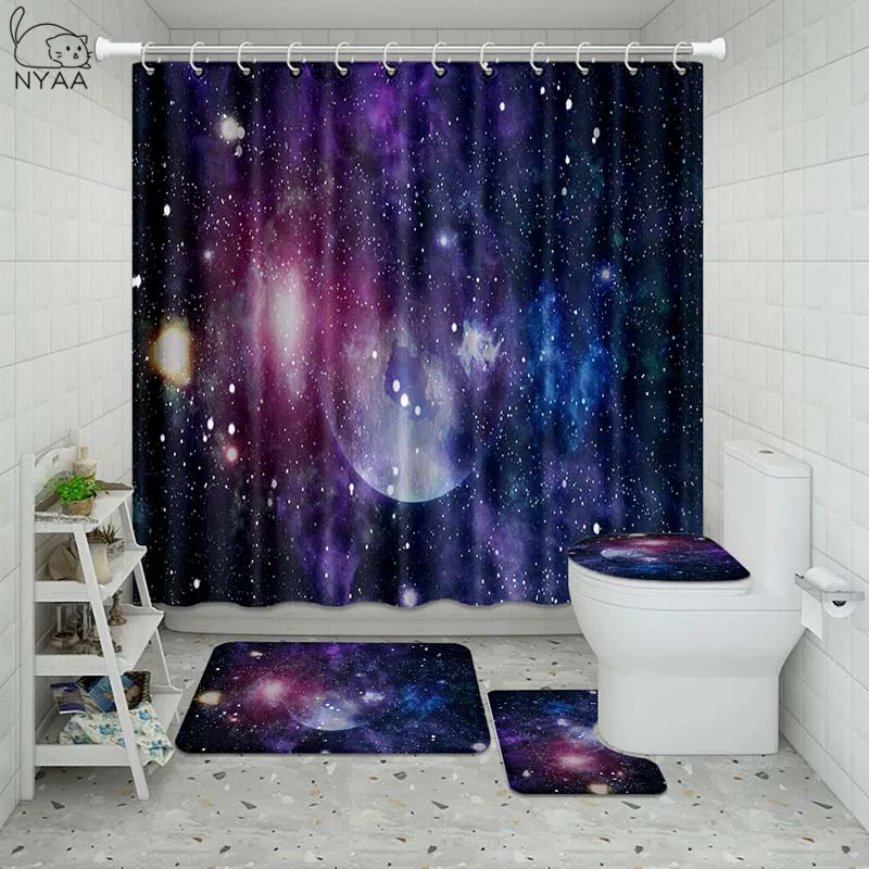 Vixm Galaxy Night Starry Bathroom Waterproof Shower Curtain Set Pedestal Rug Lid Carpet Toilet Cover Bath Mat | Дом и сад
