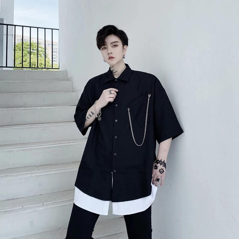 Мужская Повседневная Свободная рубашка черно-белая с коротким рукавом в