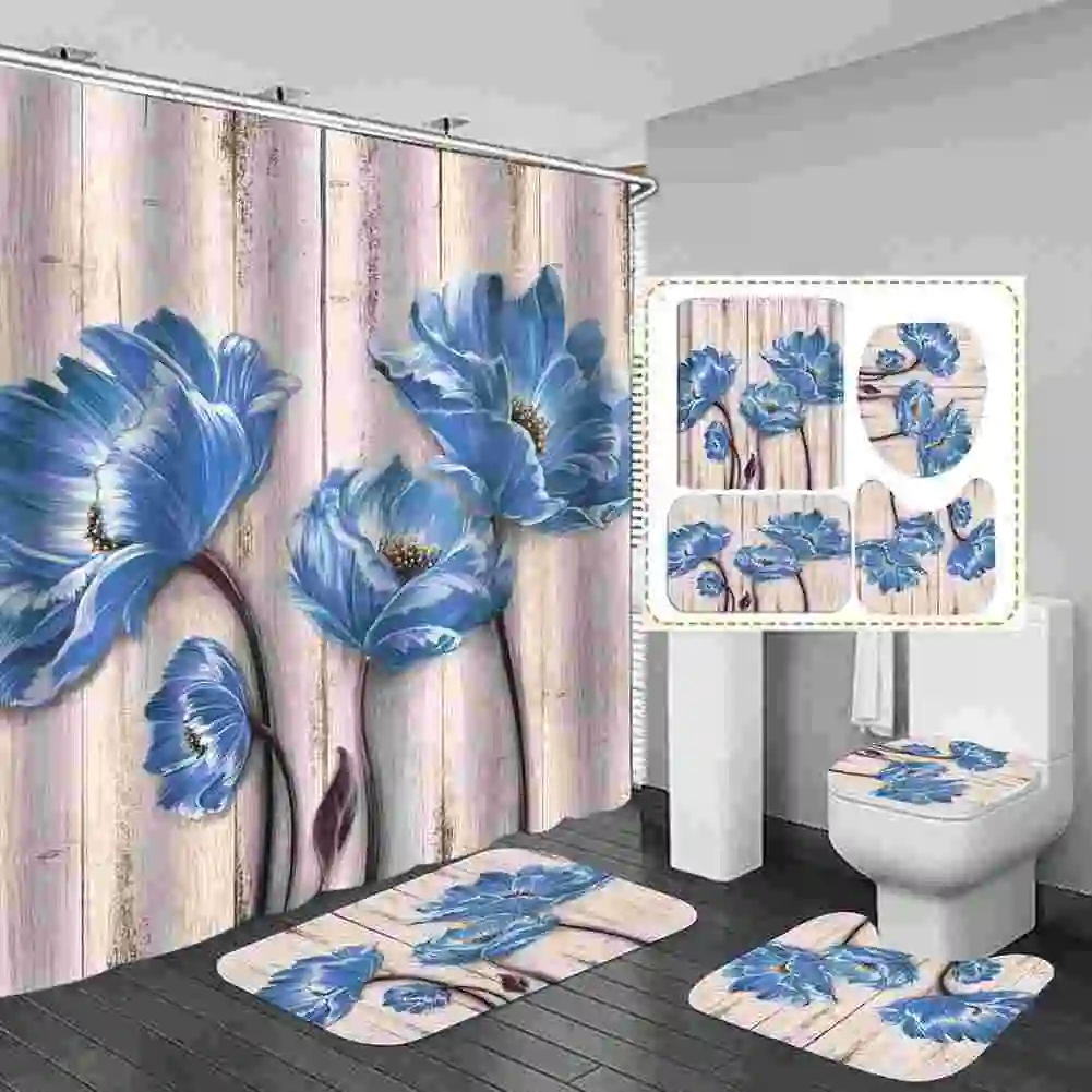 

Flowers Printed Shower Curtain Set with Rug Anti-slip Carpet Bathtub Toilet Screen Waterproof Bathroom Decor with Hooks