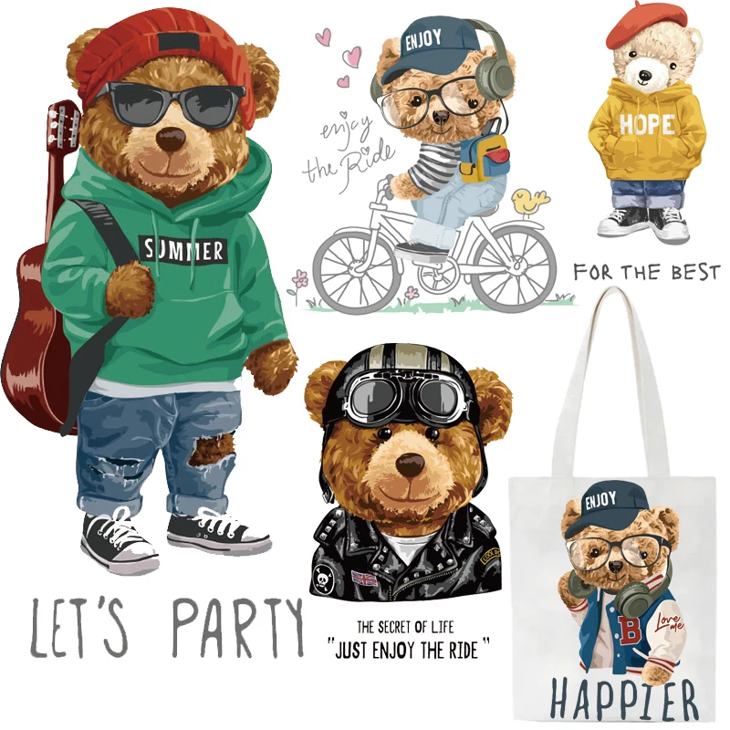 

Rock Music Guitar Bear Patches Biker Thermal Sticker on Clothes Iron-on Transfers for Clothing Thermoadhesive Patch Diy Applique