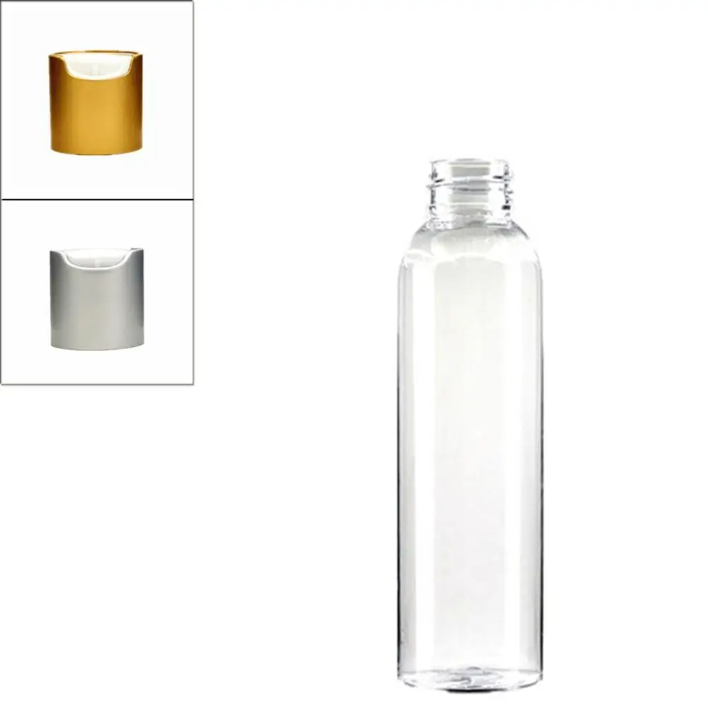 

empty 4oz 120ml Plastic clear cosmo round bottles, transparent PET bottle with white brushed aluminum shell disc-top cap