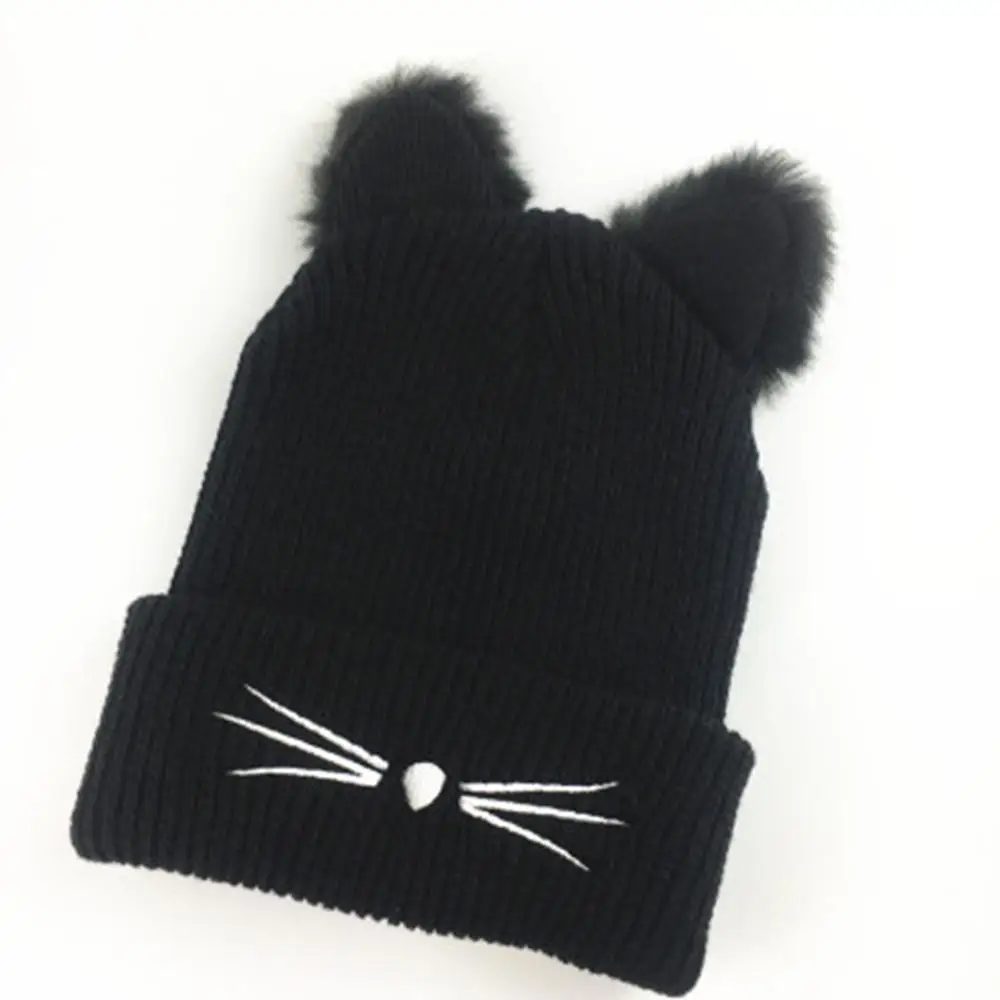 

New Year Faux Fur Pom Winter Hats for Women Solid Cat Ears Knitted Beanie Women Girls Warm Skullies Bonnet Cap