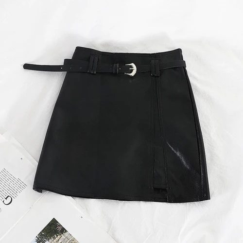 black Корейские однотонные женские юбки трапециевидной формы из PU искусственной кожи в винтажном стиле с поясом, бандаж с вырезами Falda Mujer, осенние и зимние мини-юбки 78954 - Цвет: black