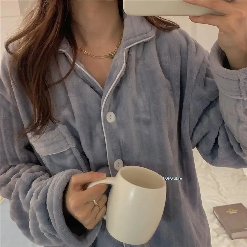 

Pajama Sets Women Coral Fleece Turn Down Collar Simple Ins Long Sleeve Home Clothing Sleepwear Couples Trendy Casual Warm Female