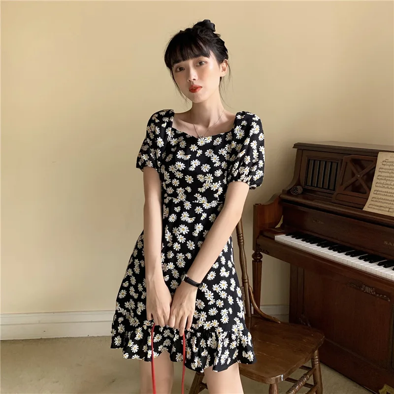 

Summer Daisy Print Chiffon Dress Women Sweet Cute Short Sleeve Cottagecore Dress Student Party Beach Holiday Slim Waist Dresses