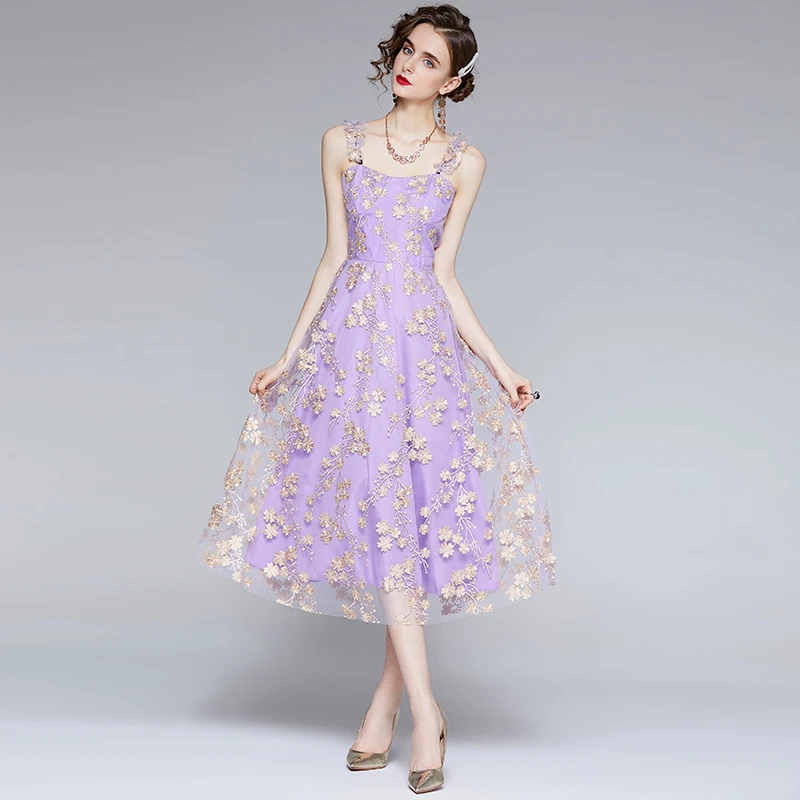 

Женское Сетчатое платье на бретельках, элегантное фиолетовое платье с цветочной вышивкой и открытой спиной, лето 2021