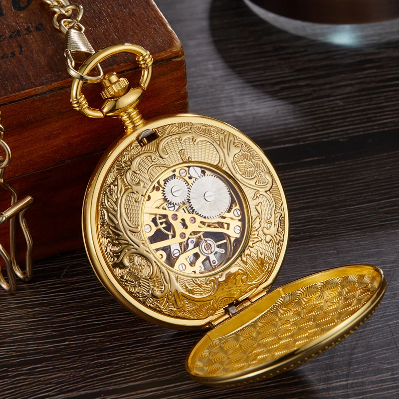 Luxury Gold Bird Mechanical Pocket Watch Skeleton Hollow Engraved Case Fob Chain Clock for Men Women Collection Dropshipping