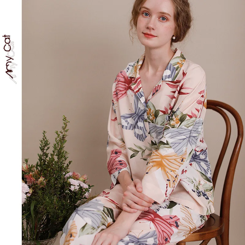 

Хлопковые шелковые брюки с длинным рукавом и принтом бабочки женская пижама элегантный благородный кардиган с отложным воротником вискозн...