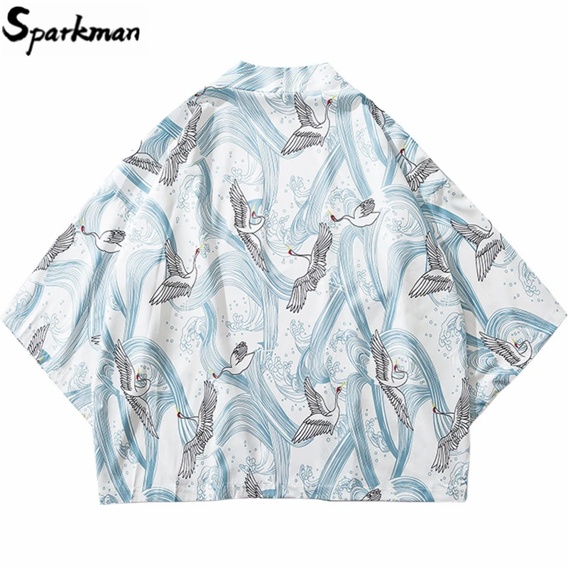 Мужское кимоно с принтом журавль тонкая Повседневная Уличная куртка в японском