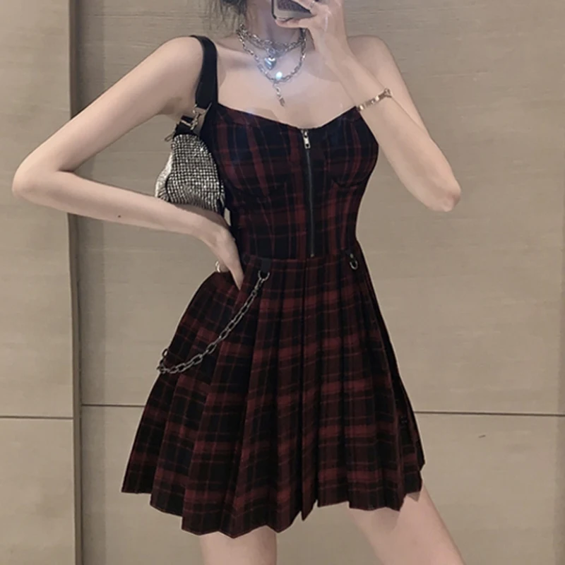 

Gothic Girls Plaid Pleated Punk Dress Preppy Style Red Black Spaghetti Strap Sexy Sleeveless Mini Short Dresses Goth Streetwear