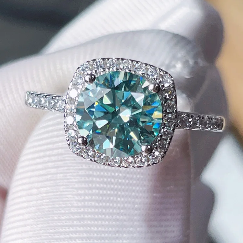Anillo de moissanita azul-verde al por mayor para mujer, joyería nupcial de oro blanco de 14 quilates chapada en plata esterlina