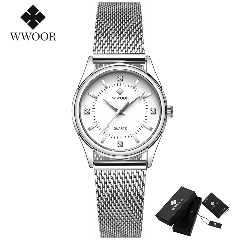 

WWOOR Fashion Silver Diamond Wrist Watch For Ladies Luxury Dress Quartz Watches Bracelet Watch Women Stainless Steel Strap Clock
