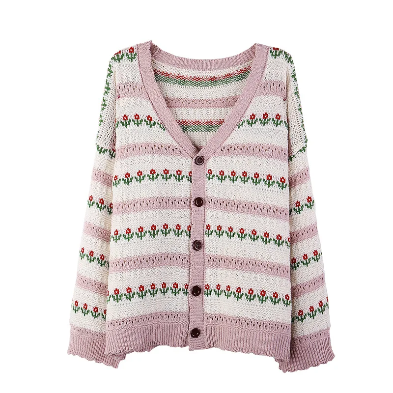 

SLPBELY Women Flower Embroidery Cardigan Sweater Spring Autumn Casual V Neck Knitted Cardigan Top 2021 Korean Knitwear Soft Coat