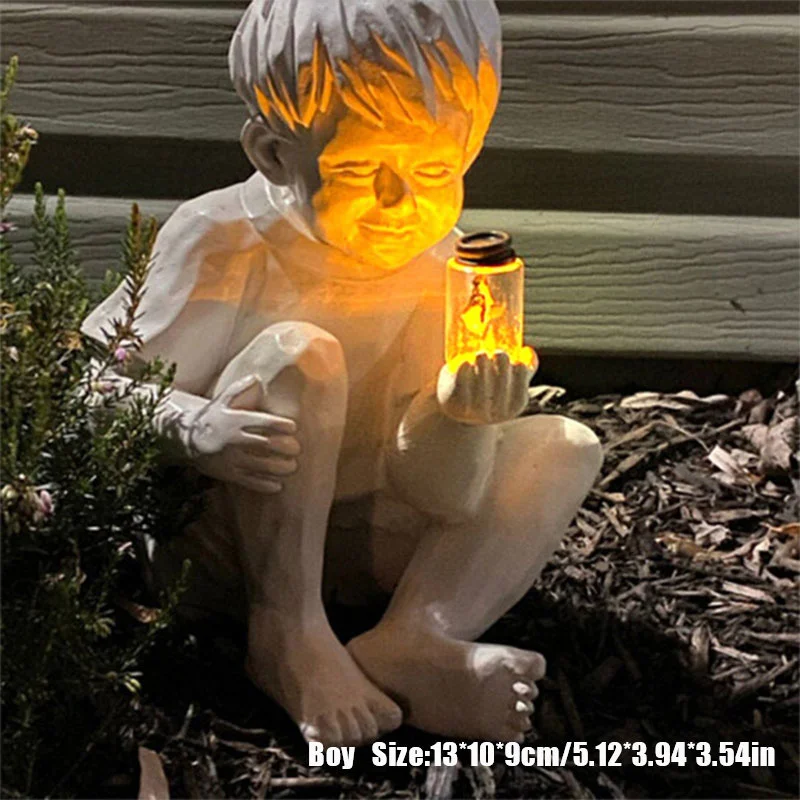 

A Kid With Solar Fireflies Garden Statue Resin Jar Boy Girl Statue Whimsical Flower Bed Yard Outdoor Sculpture Decor Jardin