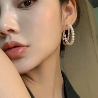 double layers rhinestone pearl circle c shaped earrings for women korean style temperament pendientes