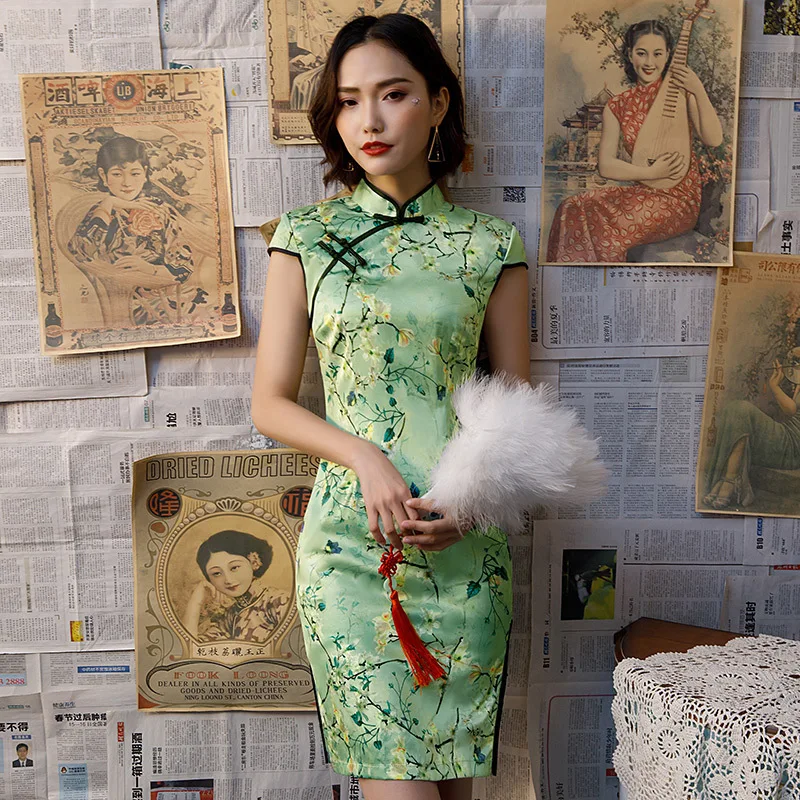 

Green Yellow Oriental Dresses Cheongsam Summer Women Daily Short Party Cheongsam Dress China Magnolia Flowers Qipao