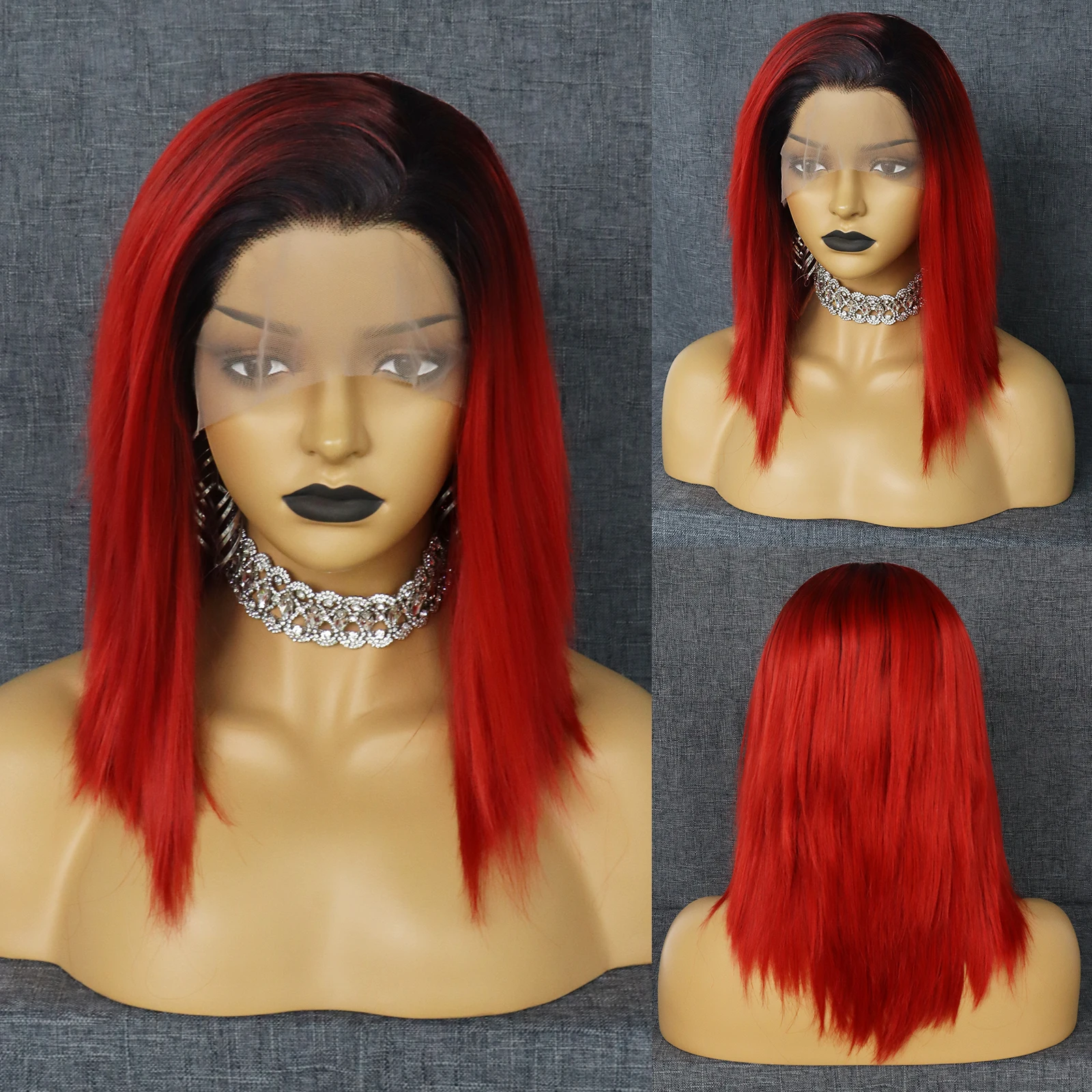 JONETING 13x2.5 Lace Front Wigs Ombre Red Straight Bob Short Wigs Heat Resistant Fiber Synthetic for Black Women Halloween Party