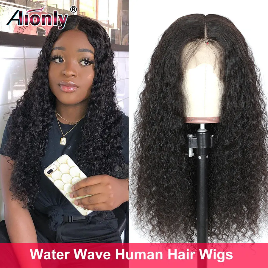 

Water Wave T Part Human Hair Wigs U Part Full Machine Made Wig Brazilian Curly Headband Wig 180 Density Remy Alionly Hair