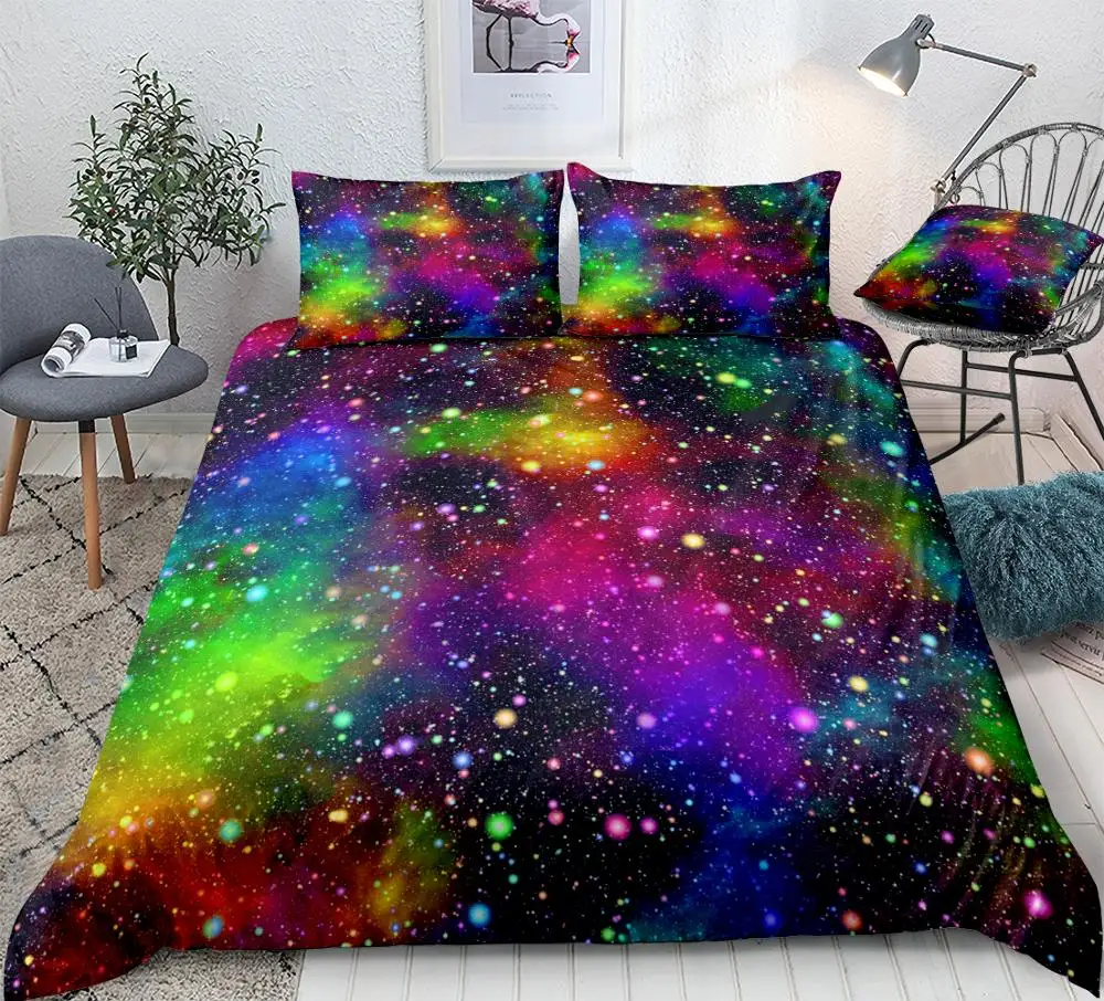 Colorful Galaxy Duvet Cover Set Multicolor Outer Space Bedding Universe Nebula Night Starry Sky Quilt Rainbow Kid Dropship