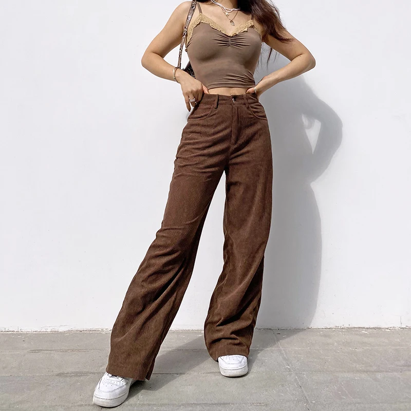 

Waatfaak Casual Winter Wide Leg Pants Women High Waist Baggy Brown Corduroy Pants Korean Loose Vintage Pants 90S Harajuku 2020