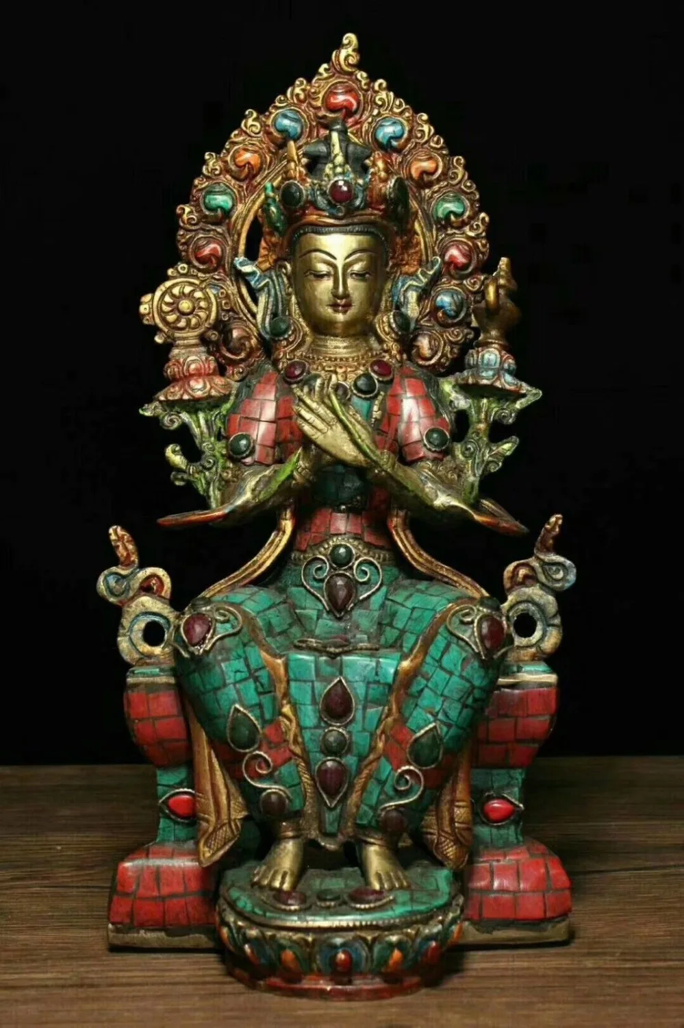 

Рождественский Тибетский буддистский Бронзовый инкрустация драгоценный камень Гуаньинь Гуань-Инь богиня матрея статуя Будды новый год