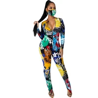 high neck long zipper print jumpsuit casual ladies letter print slim sexy sportswear jump suits for women sexy jumpsuit clubwear
