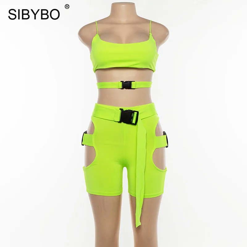 Fluorescent Green Sibybo выдалбливают Пряжки Тощий сексуальный комбинезон для женщин ремень без рукавов летний комплект из двух частей женский пляжный Повседневный короткий комбинезон - Цвет: Fluorescent Green