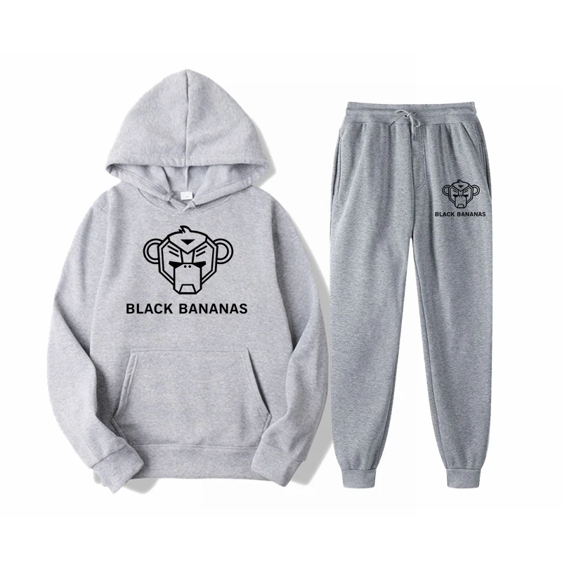 

2021 Autumn Spring Men's Hoodies+Sweatpants Sets Black Hooded Sweatshirts Fashion Slim Fit Male Bananas Hip Hop Pullover Hoody