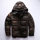 Пуховик мужской из натуральной кожи, коричневого цвета, с капюшоном, для русской зимы, 2019