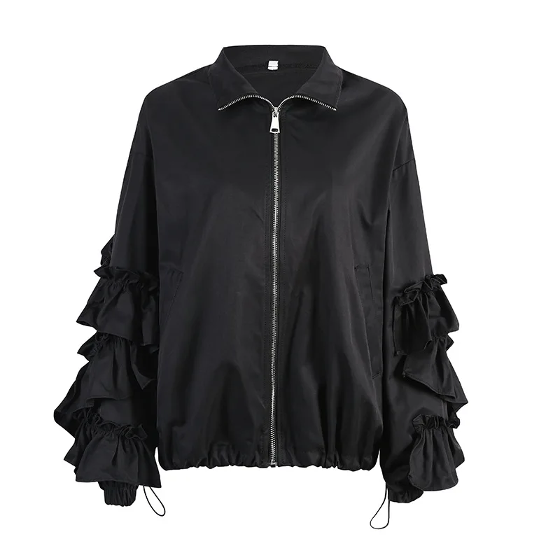

2019 Autumn Loose Coat Tide Brand ruffle bubble sleeve black short jacket fashion Keep Warm Baseball Uniform Woman