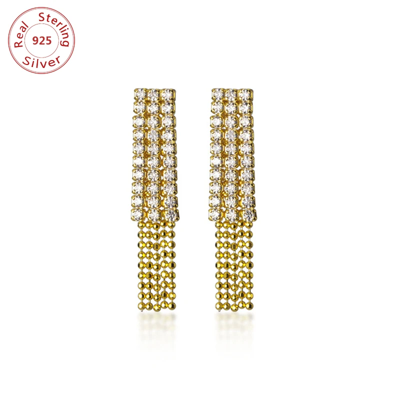 

Роскошные серьги-подвески с кристаллами для помолвки, сверкающие стразы, серьги с кисточками для женщин, Стерлинговое Серебро 925 пробы, свад...