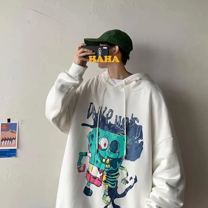 

5XL Fashion Oversize Hoodies Men Cartoon Print Lounge Wear Tops Plus Size Loose Pullovers Blue Gray Students Hooded Sweatshirts