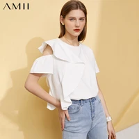 amii minimalism summer fashion tshirt for women streetwear solid oneck ruff sleeve womens blouse causal womens tops 12180031