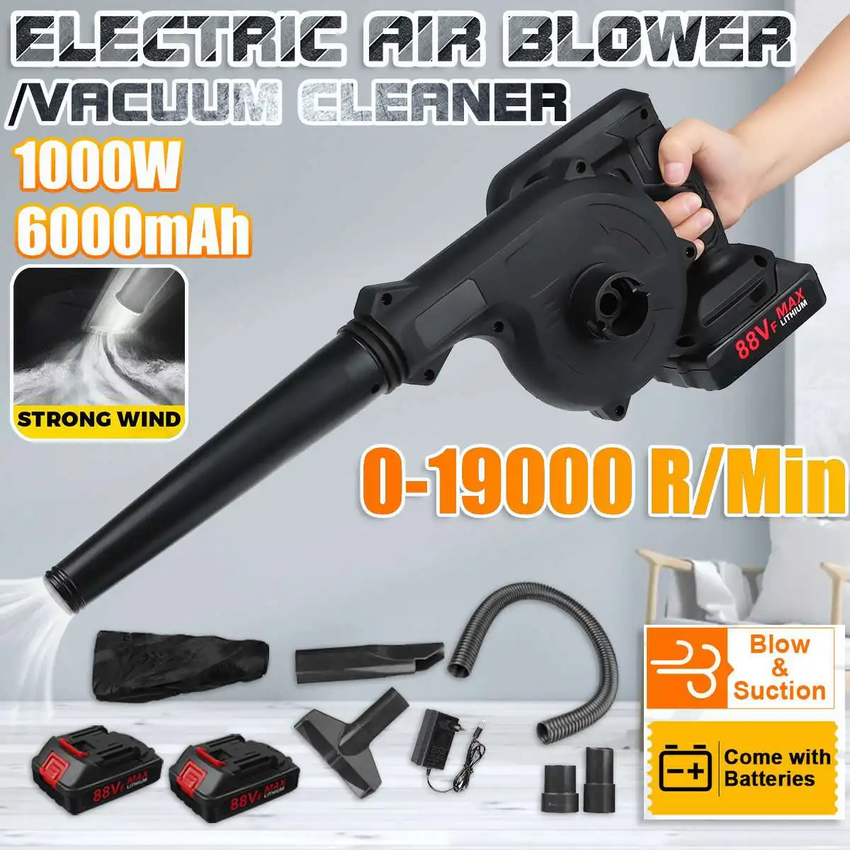 

1000W 2 In 1 Cordless Electric Air Blower Vacuum Cleannig Blower Blowing & Suction Leaf Dust Collector For Makita 18V Battery